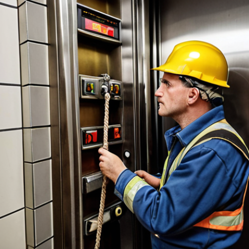 Home 14 **
Prompt: *An elevator technician in Germany, wearing safety gear, thoroughly inspecting the elevator mechanics in an old building, focusing on the rope and braking system.*
**