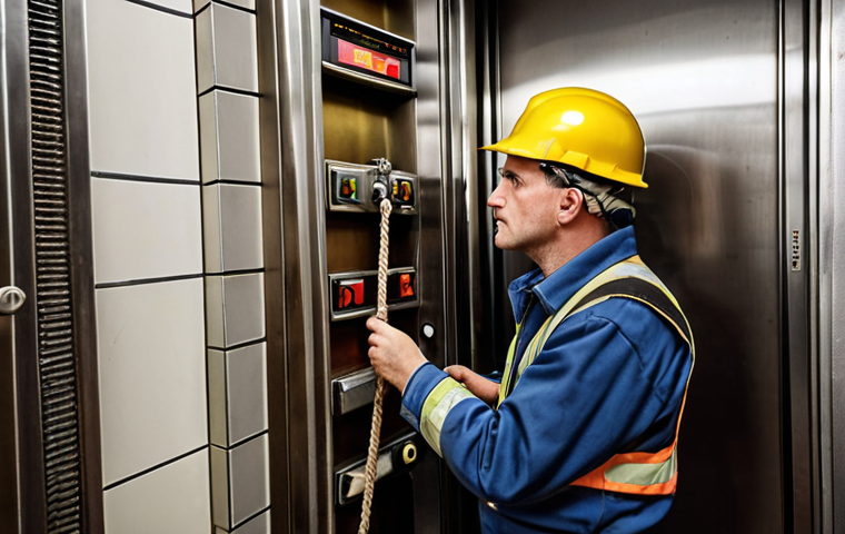 **
Prompt: *An elevator technician in Germany, wearing safety gear, thoroughly inspecting the elevator mechanics in an old building, focusing on the rope and braking system.*
**