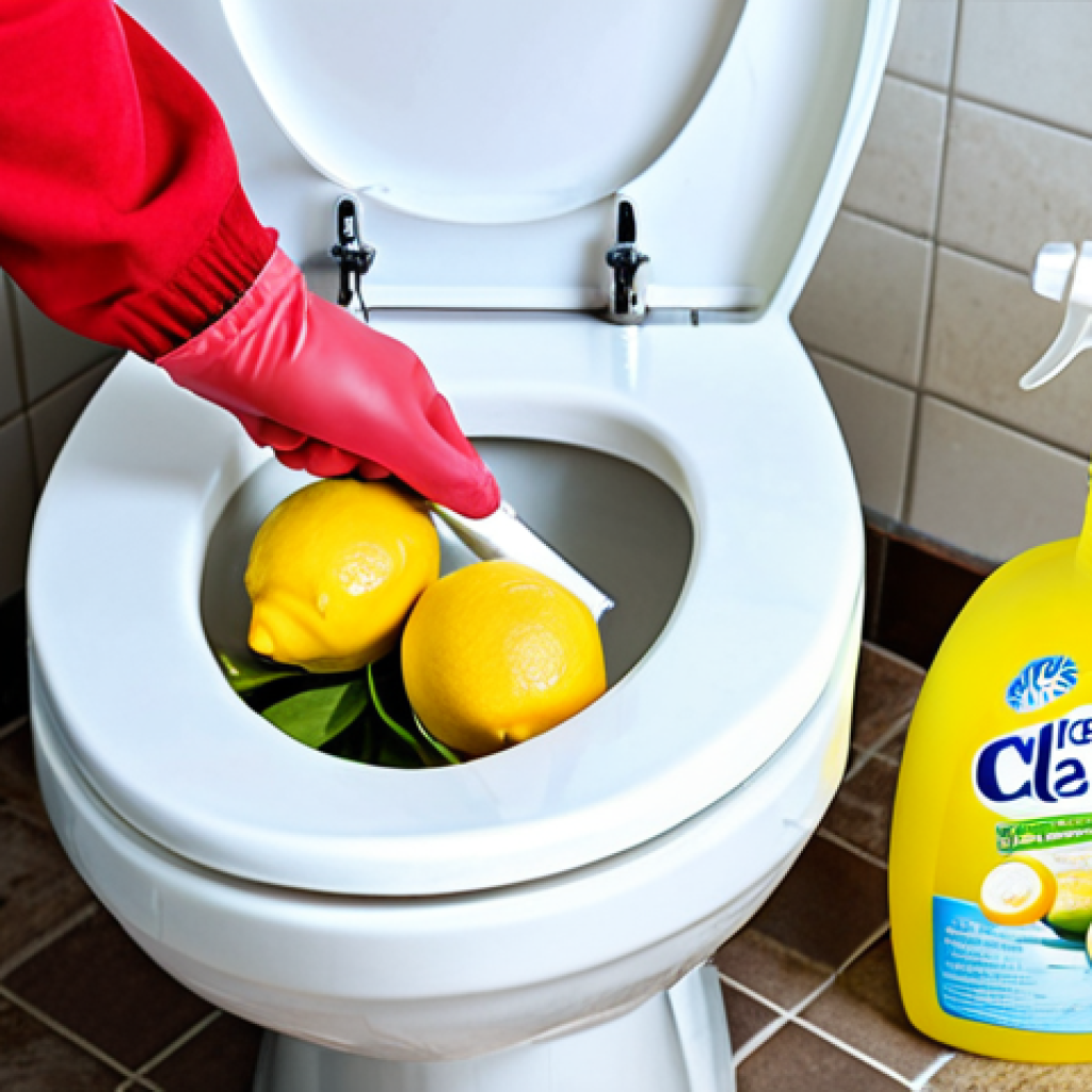 Eco-Friendly Toilet Cleaning**

"A person wearing gloves and appropriate cleaning attire is cleaning a toilet with a spray bottle labeled 'Eco-Friendly Cleaner', surrounded by natural cleaning ingredients like lemons and baking soda. Bathroom setting, bright and clean, emphasizing hygiene. Safe for work, appropriate content, fully clothed, professional photography, perfect anatomy, natural proportions, modest scene."

**