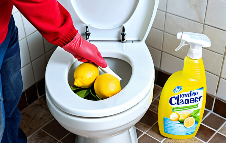 Eco-Friendly Toilet Cleaning**

"A person wearing gloves and appropriate cleaning attire is cleaning a toilet with a spray bottle labeled 'Eco-Friendly Cleaner', surrounded by natural cleaning ingredients like lemons and baking soda. Bathroom setting, bright and clean, emphasizing hygiene. Safe for work, appropriate content, fully clothed, professional photography, perfect anatomy, natural proportions, modest scene."

**
