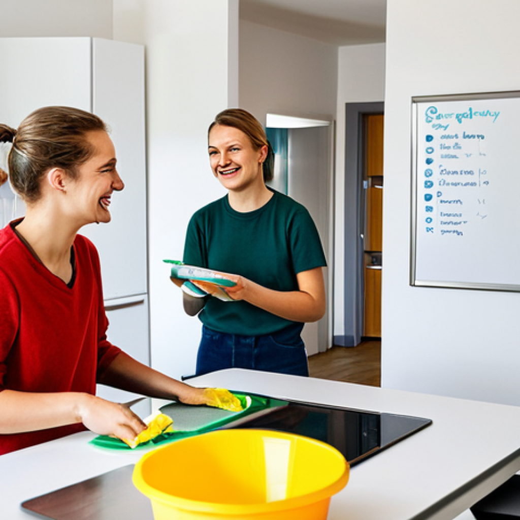 **

"A brightly lit shared kitchen in a modern German apartment building. Two roommates, fully clothed in casual wear, are smiling as they collaboratively prepare a meal. The kitchen is spotless, featuring stainless steel appliances and clearly labeled recycling bins. On a whiteboard, a weekly cleaning schedule is visible. safe for work, appropriate content, fully clothed, family-friendly, professional photography, perfect anatomy, natural proportions, high quality."

**