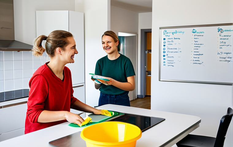 **

"A brightly lit shared kitchen in a modern German apartment building. Two roommates, fully clothed in casual wear, are smiling as they collaboratively prepare a meal. The kitchen is spotless, featuring stainless steel appliances and clearly labeled recycling bins. On a whiteboard, a weekly cleaning schedule is visible. safe for work, appropriate content, fully clothed, family-friendly, professional photography, perfect anatomy, natural proportions, high quality."

**