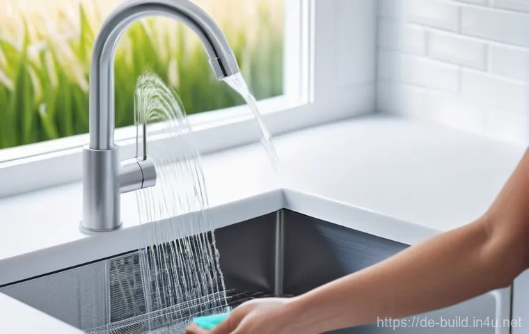 하수도 배관 청소 주기 - **Prompt:** A bright and clean modern kitchen sink with water flowing freely and sparkling. A conten...