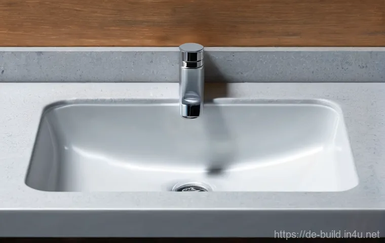 하수도 배관 청소 주기 - **Prompt:** A bright and clean modern kitchen sink with water flowing freely and sparkling. A conten...