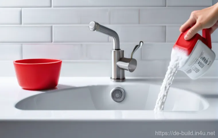 하수도 배관 청소 주기 - **Prompt:** A close-up shot of a bathroom sink, where water is visibly draining slowly, forming a sm...