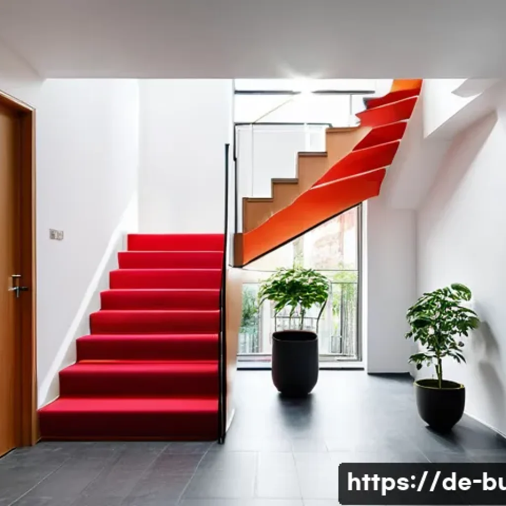 공용부 사용 규정 - A bright, clean, and modern communal entrance hall (Hausflur) in a German apartment building. The st...