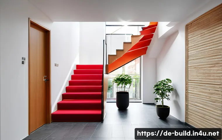 공용부 사용 규정 - A bright, clean, and modern communal entrance hall (Hausflur) in a German apartment building. The st...