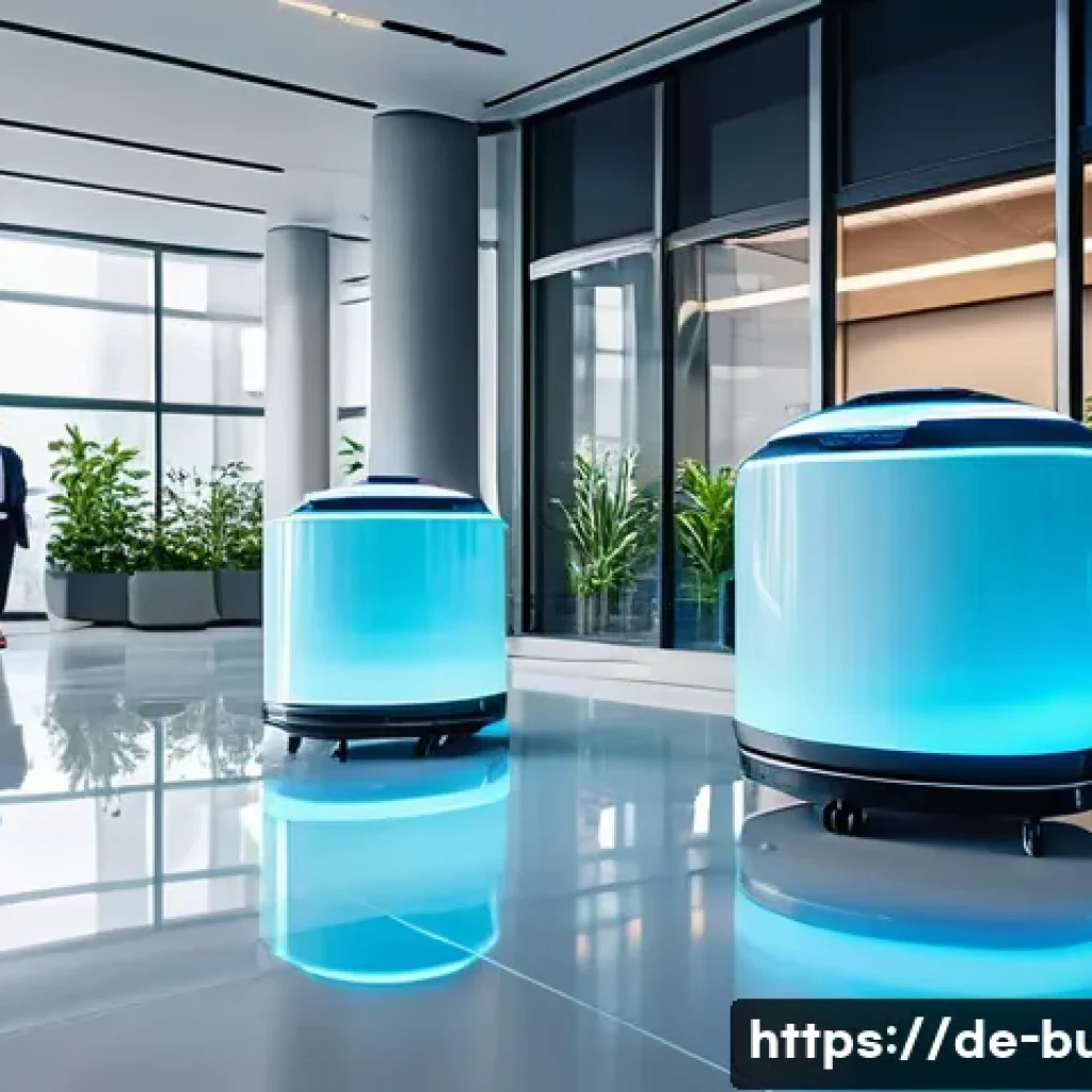 건물 정기 소독 서비스 - A modern office lobby scene in Germany featuring UV-C disinfection robots with blue glowing lamps mo...