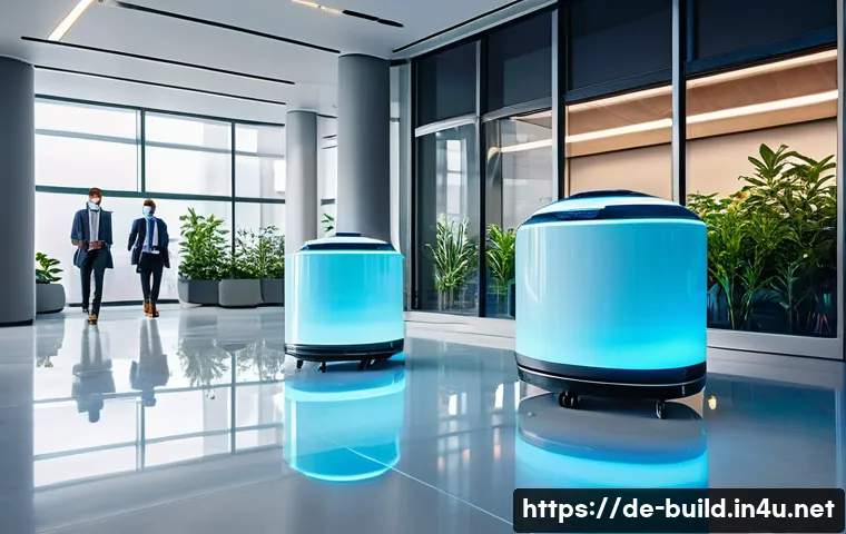 건물 정기 소독 서비스 - A modern office lobby scene in Germany featuring UV-C disinfection robots with blue glowing lamps mo...