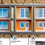 건물 단열 공사 - A detailed cross-section illustration of a modern German residential building wall showing various i...