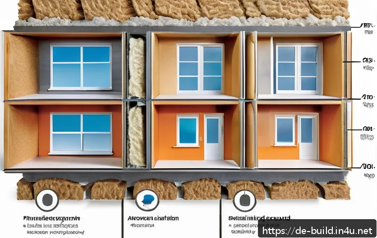 건물 단열 공사 - A detailed cross-section illustration of a modern German residential building wall showing various i...