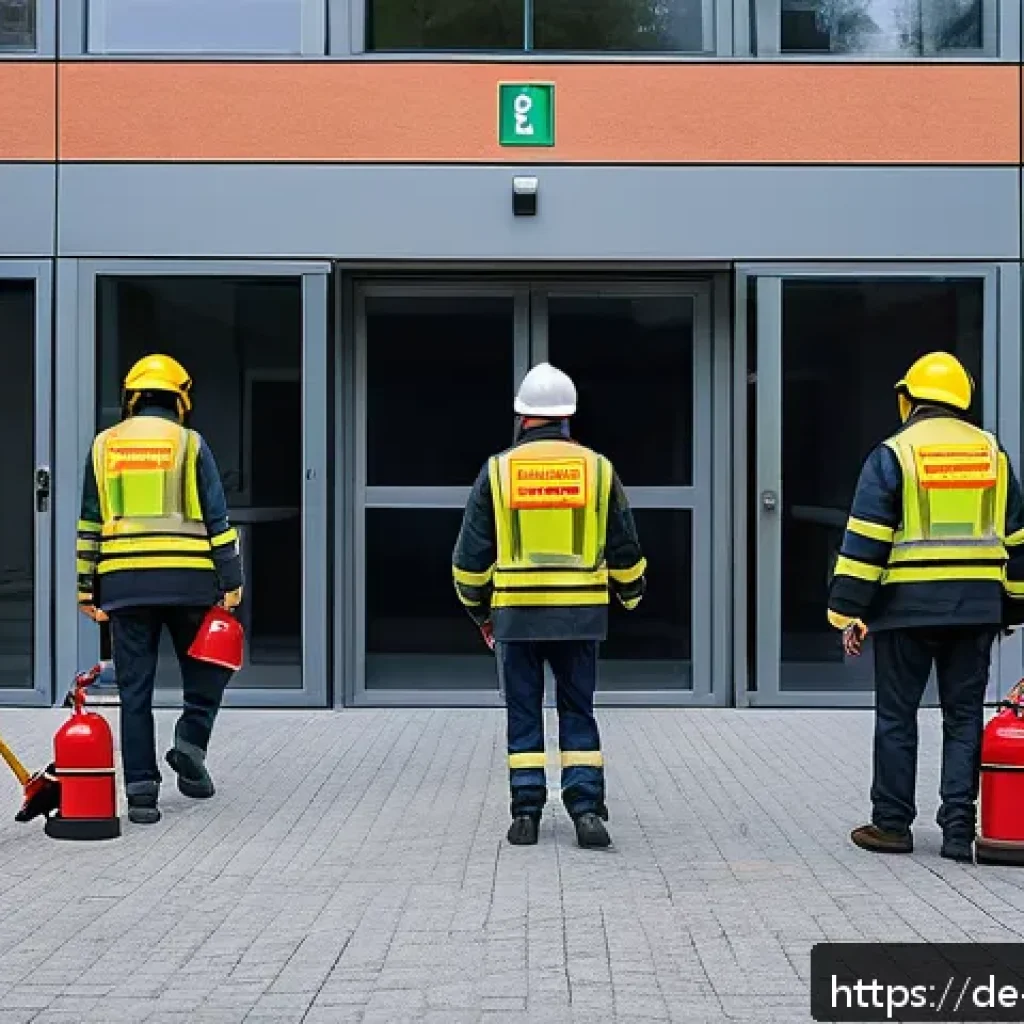건물 소방 훈련 매뉴얼 - A diverse group of German office workers participating in a fire drill inside a modern office buildi...