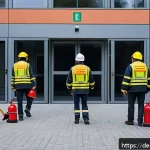 건물 소방 훈련 매뉴얼 - A diverse group of German office workers participating in a fire drill inside a modern office buildi...
