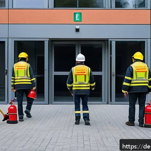 건물 소방 훈련 매뉴얼 - A diverse group of German office workers participating in a fire drill inside a modern office buildi...