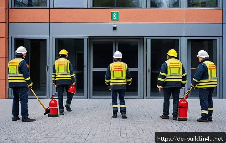 건물 소방 훈련 매뉴얼 - A diverse group of German office workers participating in a fire drill inside a modern office buildi...