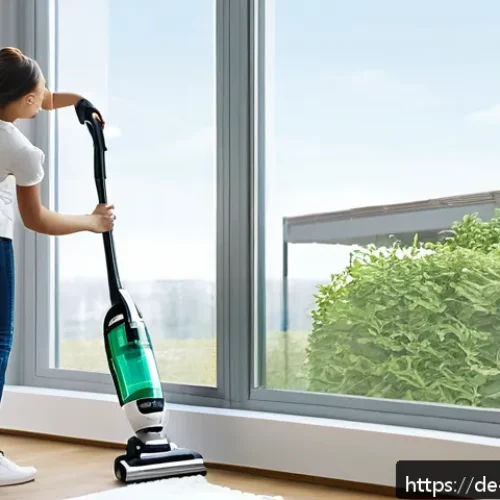 외부창 청소 장비 추천 - A modern cordless window vacuum cleaner in use on a large floor-to-ceiling window in a bright, conte...