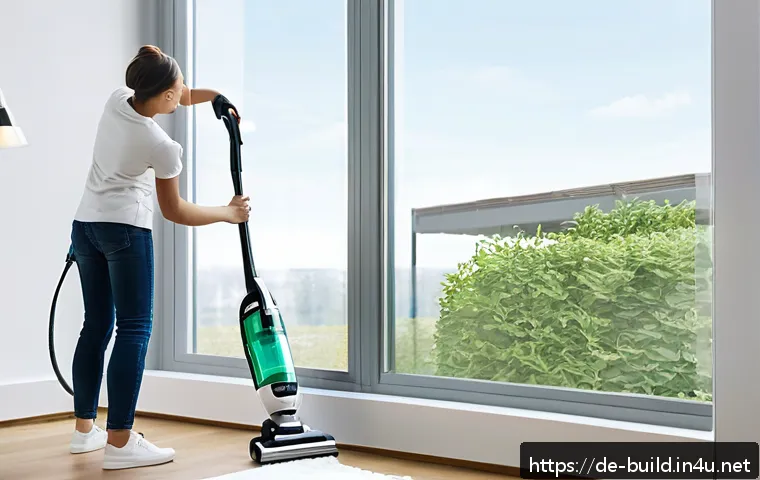 외부창 청소 장비 추천 - A modern cordless window vacuum cleaner in use on a large floor-to-ceiling window in a bright, conte...