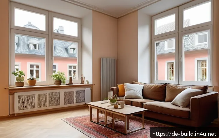 창문 단열 필름 장착 - A cozy German living room in a traditional Altbau apartment featuring large, slightly aged windows w...