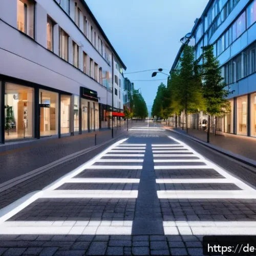 주차장 관리 시스템 - A modern urban street scene in a German city at dusk, featuring smart parking sensors embedded in pa...