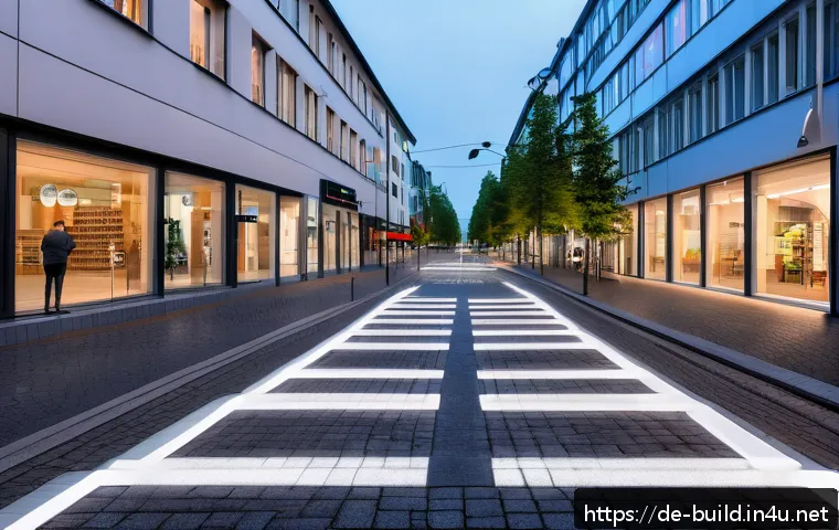 주차장 관리 시스템 - A modern urban street scene in a German city at dusk, featuring smart parking sensors embedded in pa...