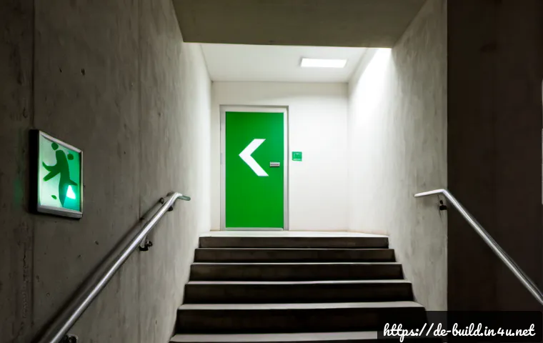 Home 17 공용 계단 비상 조명 설치 - Photorealistic interior of a clean German apartment building shared stairwell, wall-mounted emergenc...